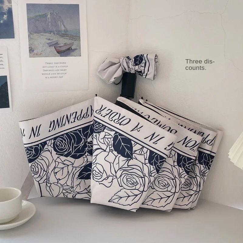 High Appearance Level Retro French Black and White with Girls' Sunshade UV Triple Fold Automatic Clear Umbrella