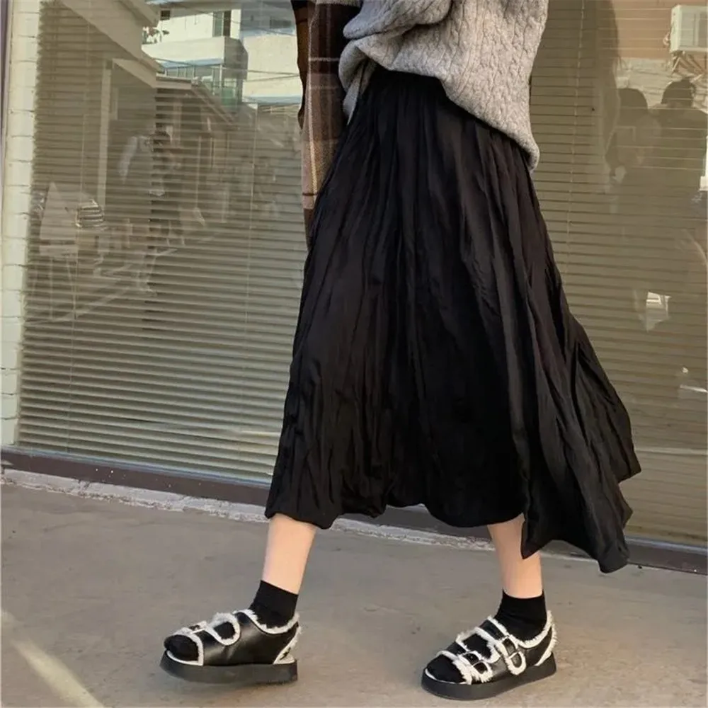 Japanese Elegant Irregular Wrinkled Long Skirt Women High Waist Wrinkled Black White Pleated Skirt 2022 Korean Gothic Midi Saia