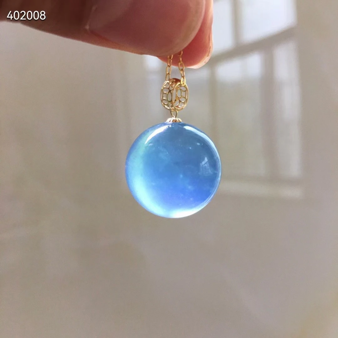 

Natural Blue Aquamarine Women Sphere Pendant Ball 15mm 18K Gold Aquamarine Round Crystal Necklace Pendant AAAA