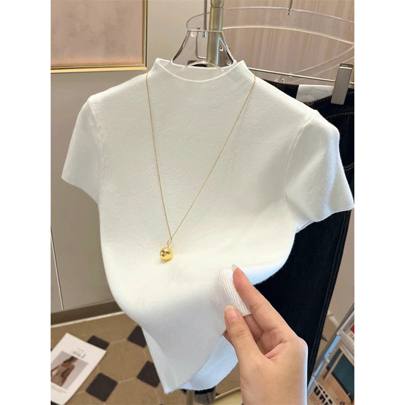 2025 Summer Sexy Women Basic Knitted Turtleneck Short Sleeve T-shirt Ladies Slim Elasticity Cotton Tops Streetwear Basics Tees Best Sellers In Women's Clothing