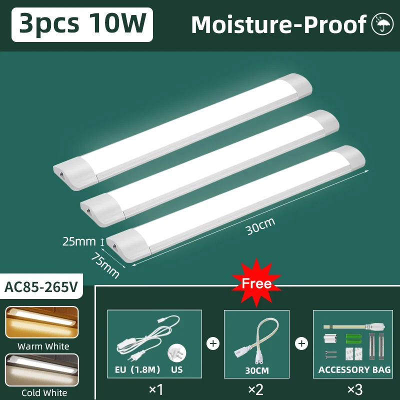 thumbnail image 1 of Tubo de luz LED a prueba de humedad de 50/30 cm, luces de cocina de 20 W, 10 W, 6 W, iluminación de gabinetes, cocina, baño, dormitorio, accesorio de tubo de 220 V, 110 V, 1 of 5