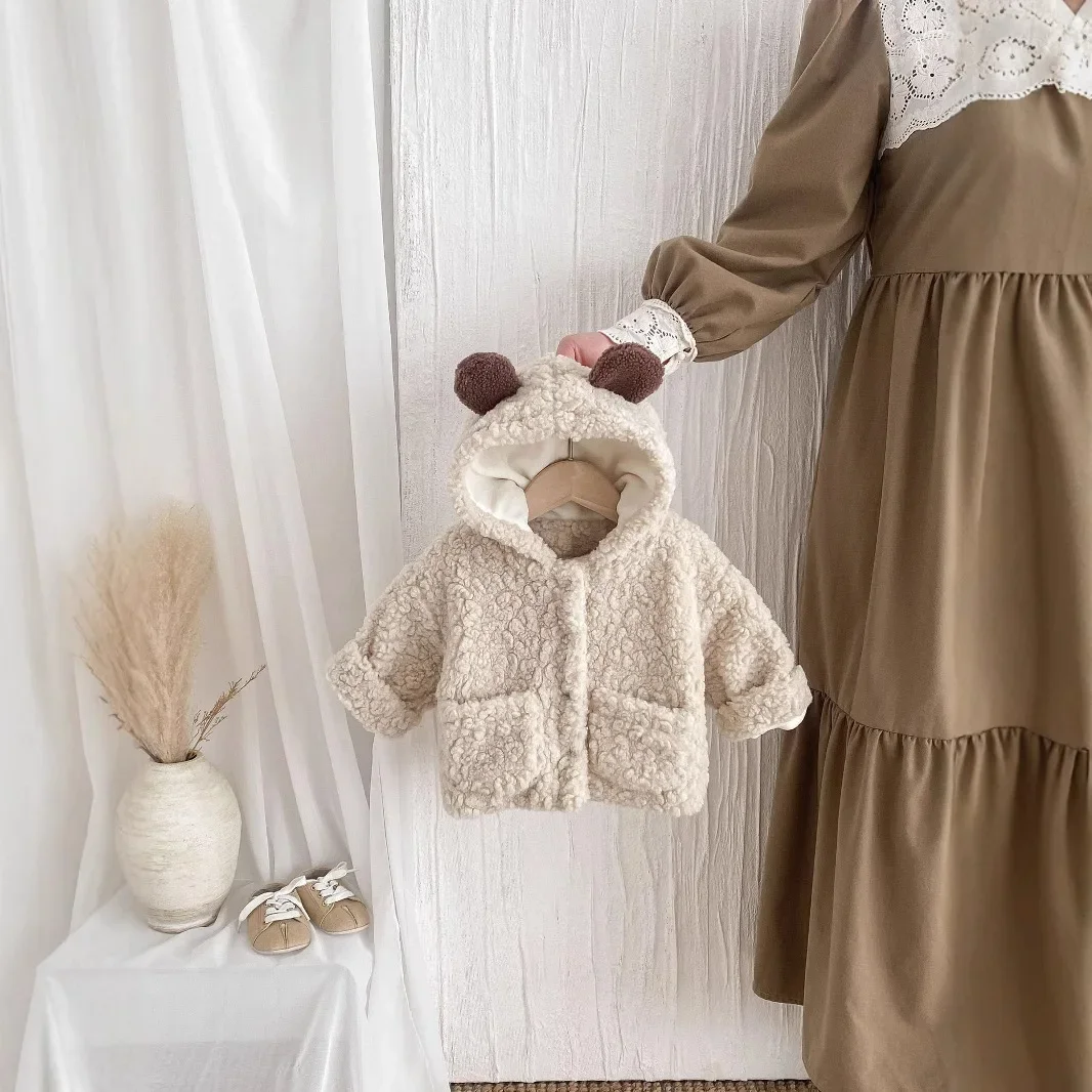 Winter New in Kids Baby Girls Boys Thicken Plush Warm Outwear ,toddler Children Hooded Pocket Cartoon Modeling Jacket