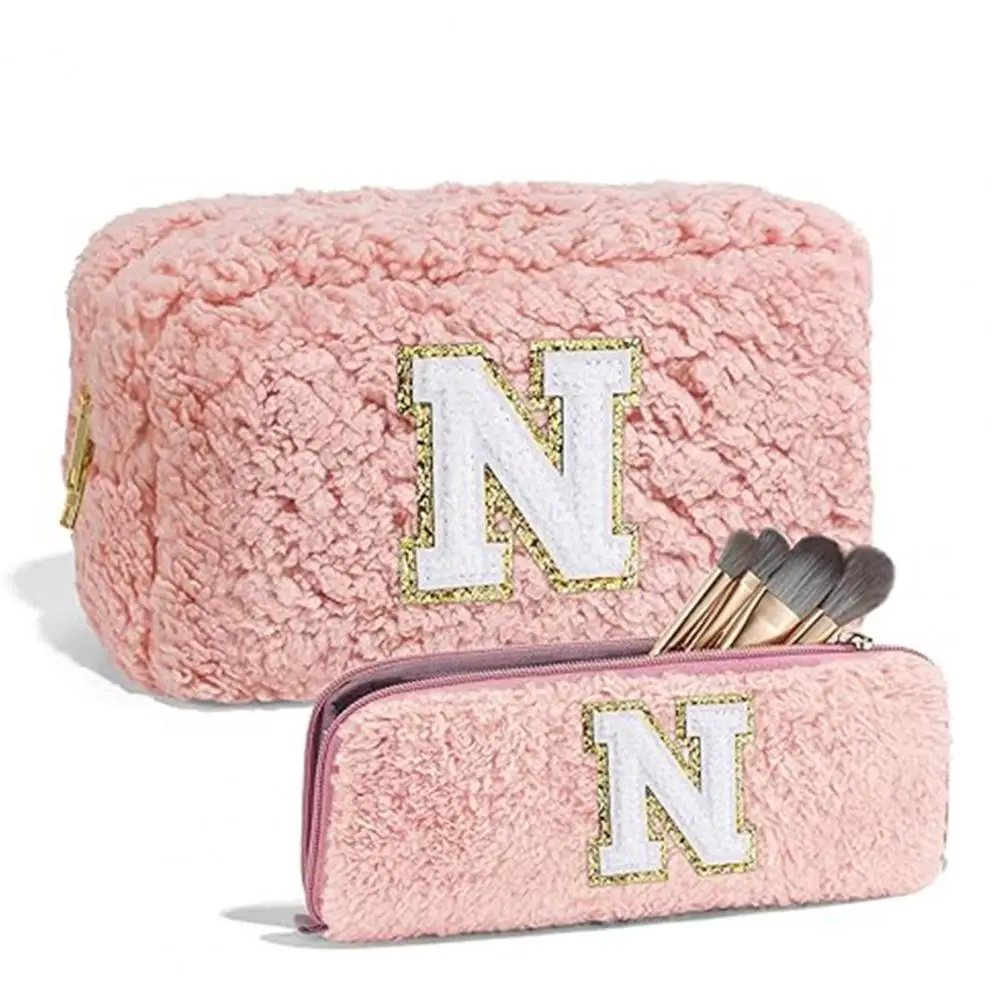 

Косметичка с двойной молнией, мягкая на ощупь сумка для макияжа из имитации овечьей шерсти, набор женских сумок для макияжа с двойной молнией, дорожная сумка для дочери