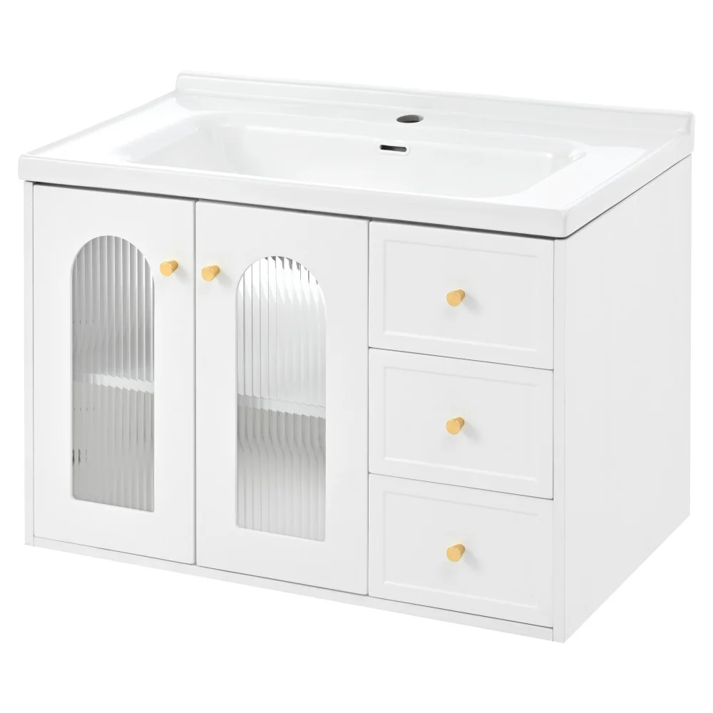 80 cm Schwebender Multifunktionaler Badezimmerschrank, MDF-Platte, Großes Stauraumvolumen, Mit Keramik-Waschbecken – Detail 10