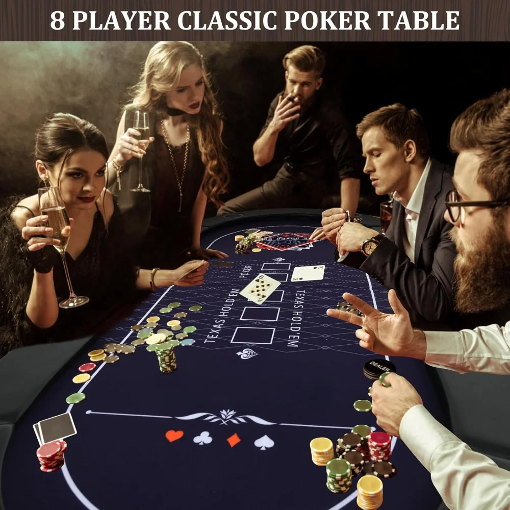 8 Player Folding Poker Tables w/Collapsible Legs,Padded Rails and Cup Holders, Portable Poker Table for Texas Holdem