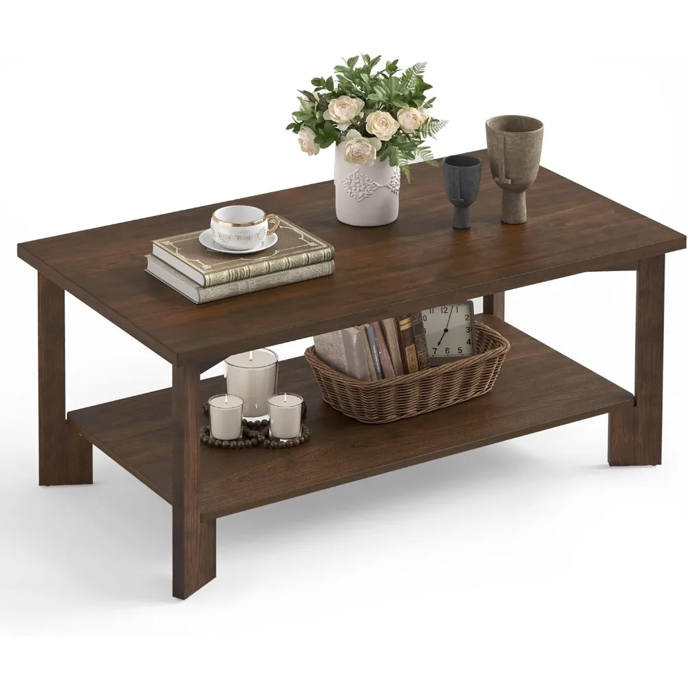 Walnut Coffee Table,Mid Century Modern 39" Rectangle Dark Walnut Coffee Table with Storage Shelves Wooden Accent Center Tea Tabl 3