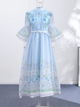 Elegant Printed Belted Maxi Dresses Women Slim Puff Sleeve Lace-up Stand Collar Dress 2026 New Ladies Summer Party Evening Grown
