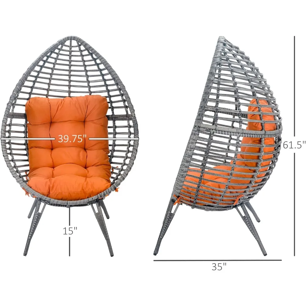 Patio Wicker Egg Chair w/Soft Cushion, Teardrop Cuddle Seat, Outdoor/Indoor Patio Chair, PE Plastic Rattan Furniture wi 4