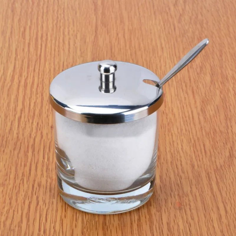 Kitchen Sugar Pots Transparent Stainless Steel Glass Spice Pepper Salt Shakers Storage Bottle With Spoon sugar bowl