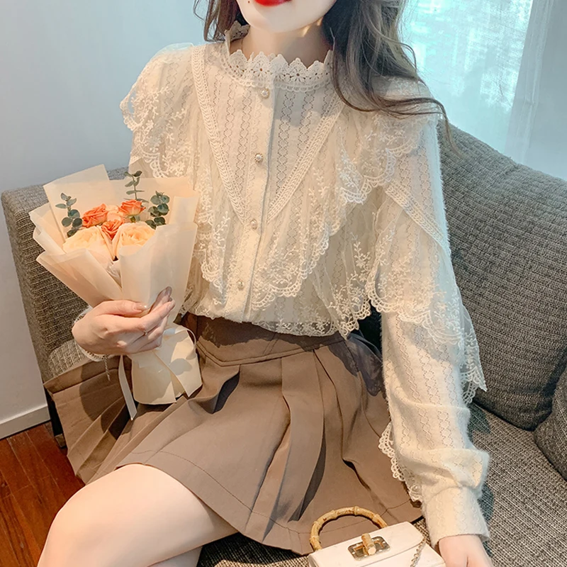 

Модная сетчатая вязаная крючком Свободная Женская одежда винтажные Топы элегантная кружевная блузка с воротником-стойкой с длинным рукавом рубашка с оборками 29790