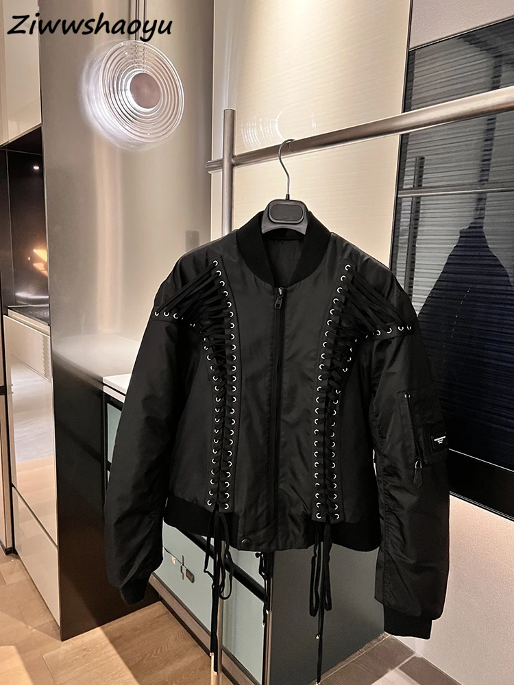

High Quality Autumn Women Fashion Runway Designer Lantern Long Sleeve Thickened Black Pullovers Cotton Short Coats Overcoat