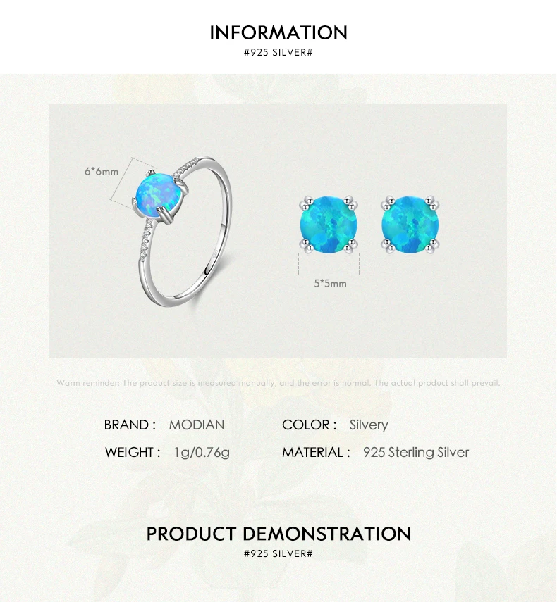 MODIAN Natural Opals Series Jewelry Set 925 Sterling Silver Luxury Finger Ring & Stud Earrings For Women Fine Jewelry Gift