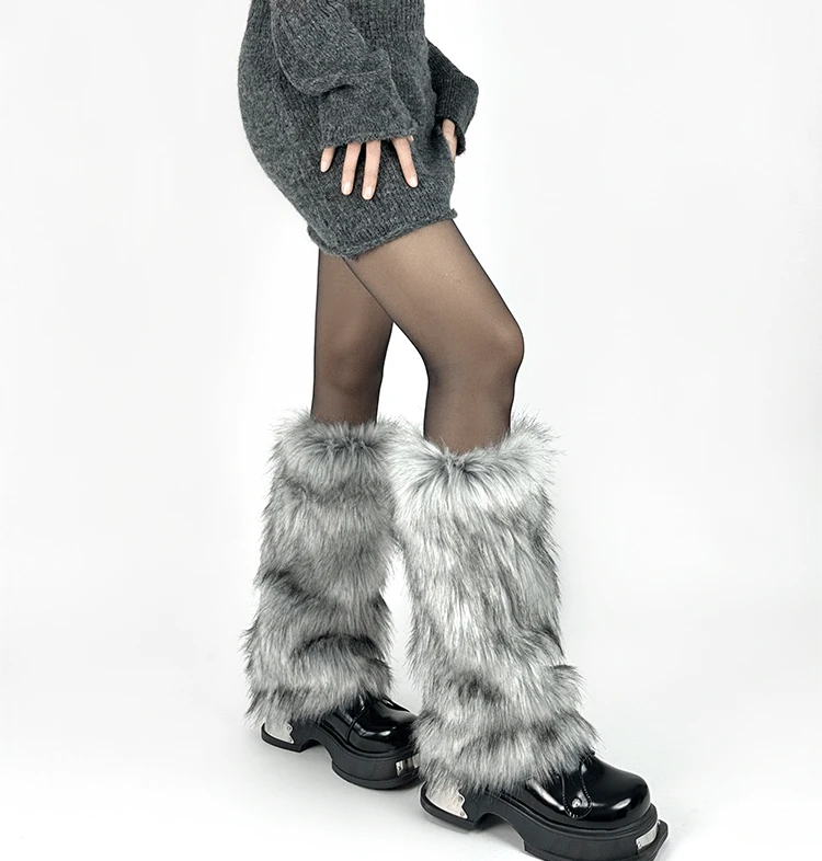 Novas meias de pele de lobo imitação cinza Y2k menina inverno quente JK botas peludas meias góticas punk JK comprimento do joelho hiphop_voghion.com