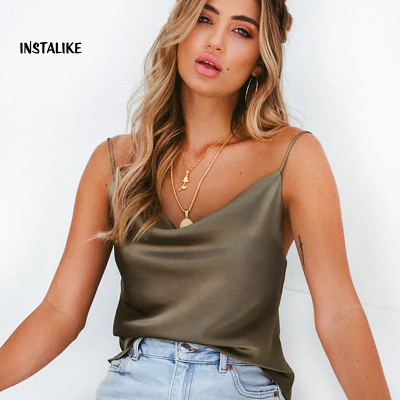 

InstaLike Sexy Loose Satin Basic Women Tops Vest Summer Luxury Camis Tank For Ladies Strappy Camisole Top Grunge Femme Clothes