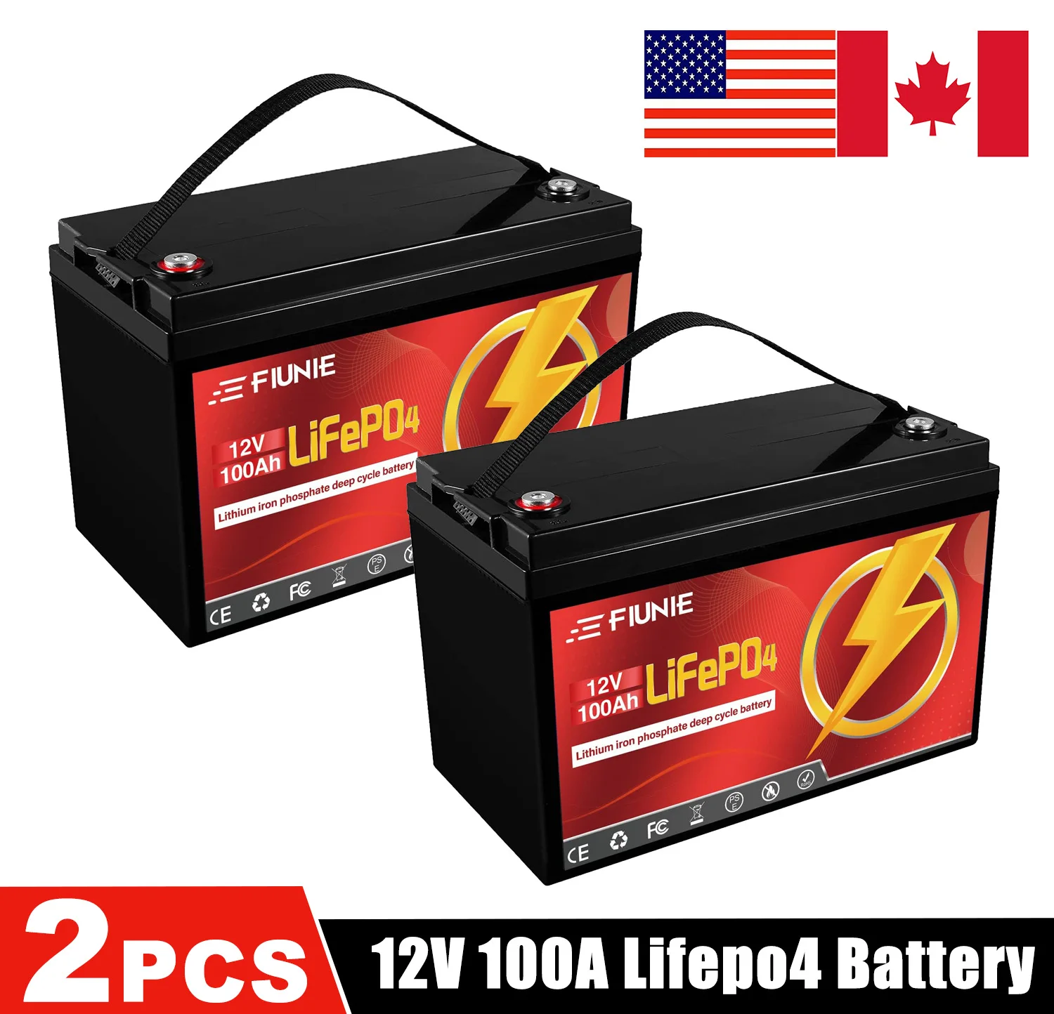 

2PCS 12.8V 100Ah LiFePO4 Battery Pack Build-in Bluetooth BMS Waterproof for Solar Camper Yacht Inverter Engine Moto 15A Charger