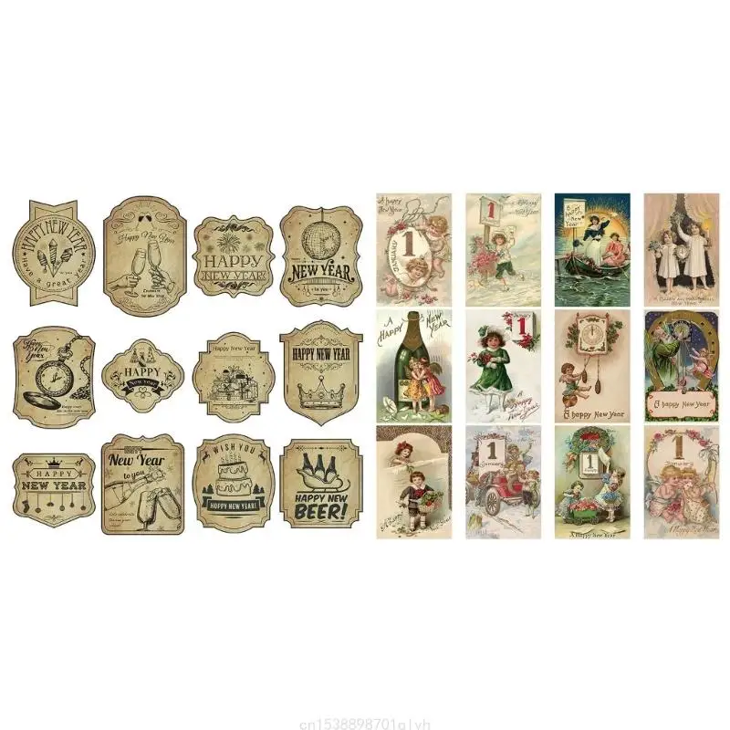 Set of 12 Wine Bottle Sticker for Display Vintage Happy New Year Bottle Adhesive Labels for Bar and Restaurants 85AC