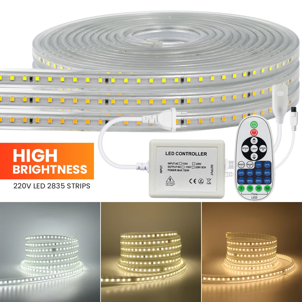 

220V Dimmable LED Strip Light with Remote High Safety 110V 2835 120Leds/m Flexible LED Tape Waterproof LED Ribbon for Decor