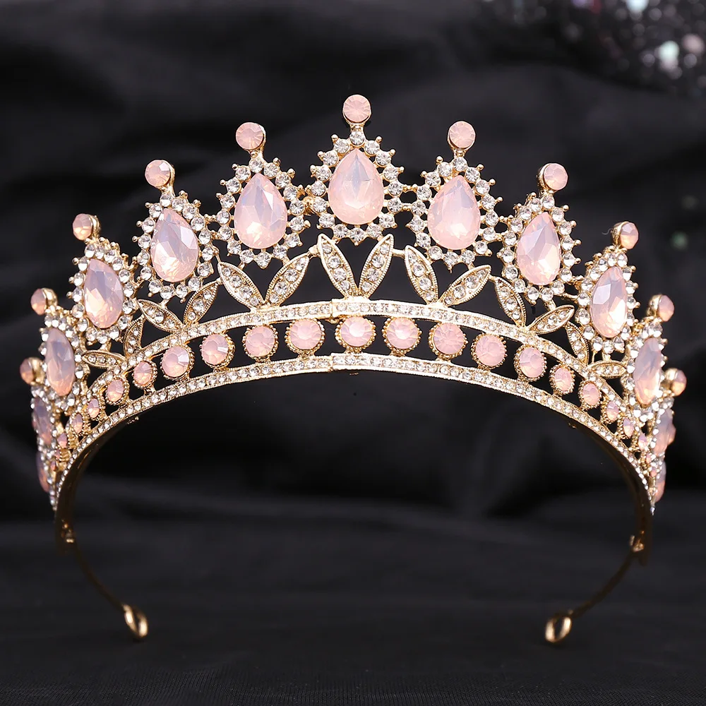 Gorgeous Pink Opal Crystal Water drop Tiaras Crowns Bridal Hairband Girls Diadem Birthday Party Wedding Hair Jewelry Accessories