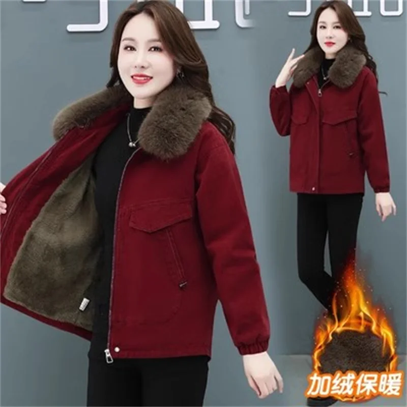 

Add Velvet Padded Parker Cotton-padded Jacket Women's Short 2023 Winter New Zipper Big Fur Collar Cotton Denim Jackets Lady