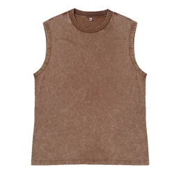 Vintage Washed Black Cotton Tank Top - Casual Summer Sleeveless Streetwear Tee - S (Brown)