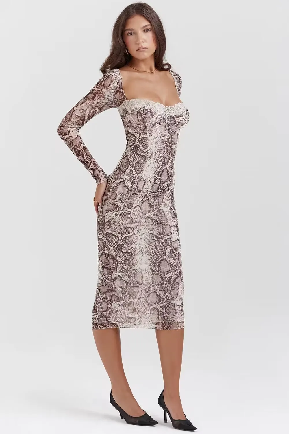 

Snake Print Sexy Backless Bodycon Dress Style Women Dress Square Neck Corset Midi Dress Spicy Girl Patchwork Vacation Outfit