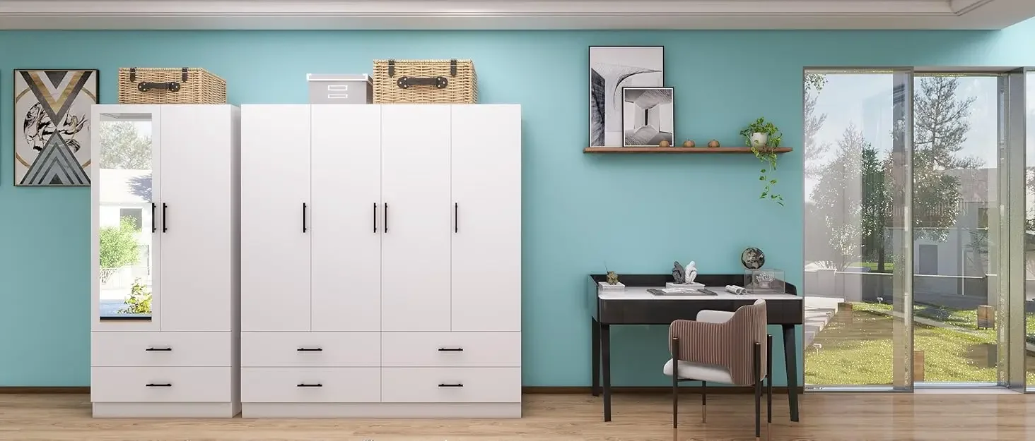 Description Picture 2 of item4 Door Armoire Wardrobe Closet Cabinet 2 Drawers Wooden White Cabinet Closet with High Storage Capacity Closet Wardrobe