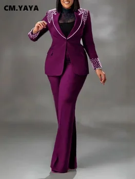 CM.YAYA Fashion Pearl Splicing Women's Set Long Sleeve Blazer and Wide Leg Pants Suit 2024 Winter OL Fall Two 2 Piece Set Outfit 1