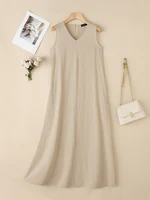 ZANZEA Plus Size Cotton Sleeveless Dresses 2025 Summer Womens Casual V Neck Solid Sundress Loose Vestidos Vintage Robes Femme - Image 5