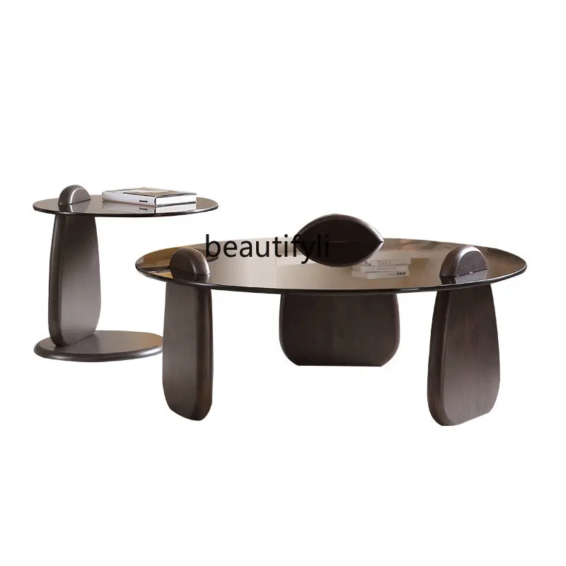 

Nordic Solid Wood Geometric Creative Designer Light Luxury Ash Size round Glass Tea Table Combination furniture