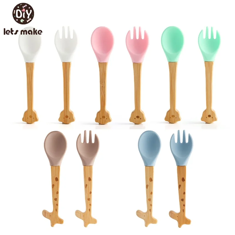 

2Pcs Baby Silicone Feeding Spoon Fork Tableware BPA Free Baby Wooden Handle Giraffe Spoon Fork For Toddlers Feeding Supplies