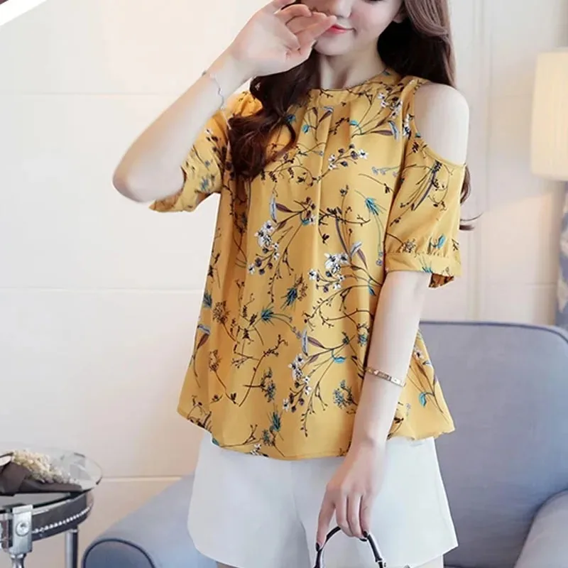 New Summer and Autumn Women's Chiffon Printed Off-shoulder Short-sleeved Shirt Fashionable and Elegant Crew Neck Office Blouse