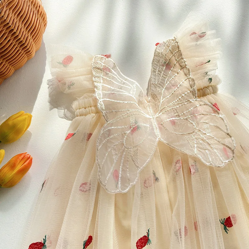 

Платье для девочек с трехмерным крылом летние корейские летние платья в горошек для маленьких девочек сетчатые ПУШИСТЫЕ платья принцессы Одежда для девочек