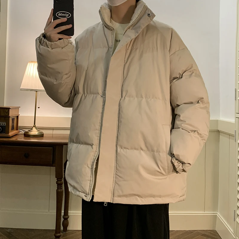 

Men's Winter Fleece Coat Warm Parkas Loose Solid Chic Thicked Zipper Plush Parka Unisex Couplke Jacket Stancollar Windproof