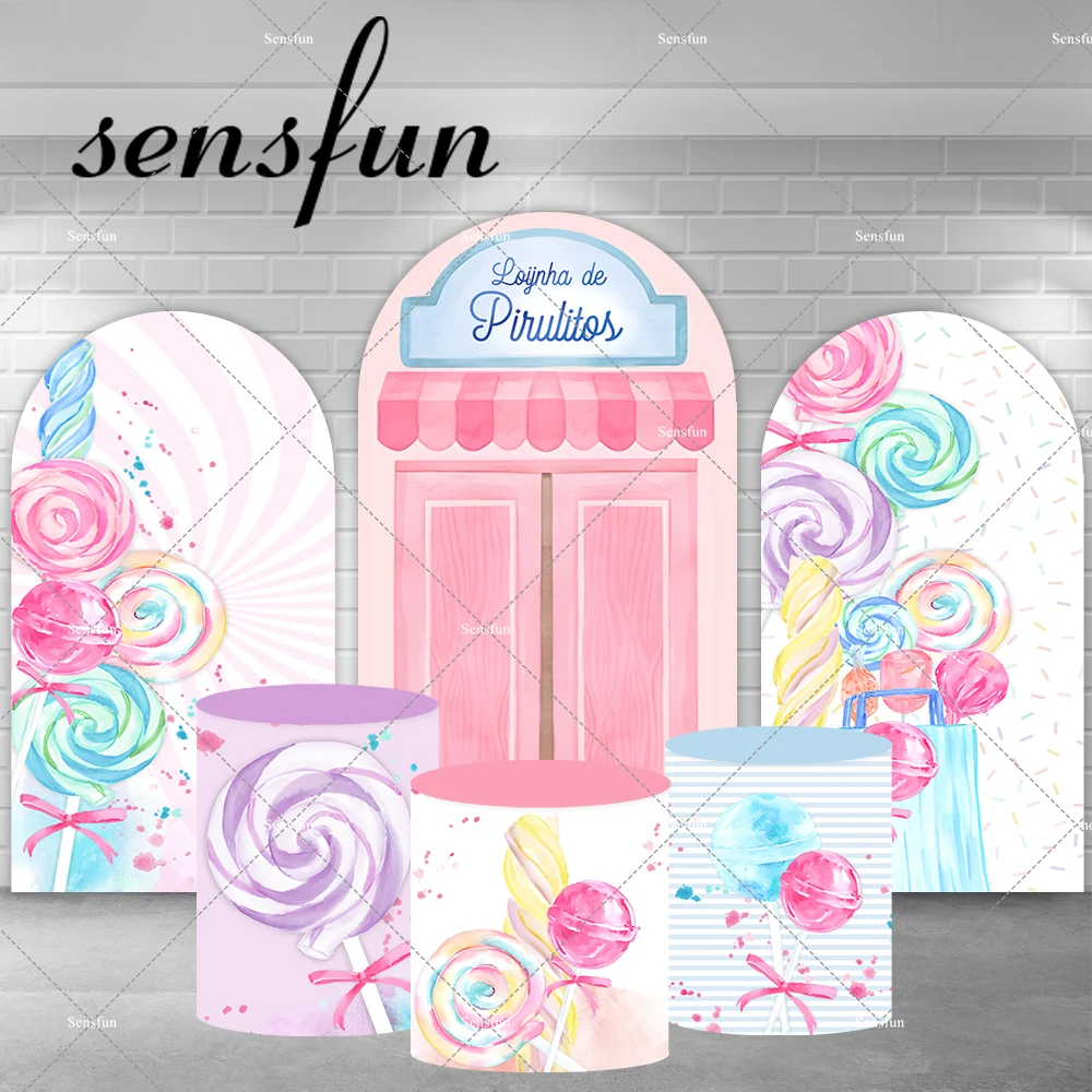 

Candy Shop Theme Arch Backdrop for Girls Newborn Baby Shower Birthday Party Decor Pink Purple Lollipop Plinth Covers Supplier