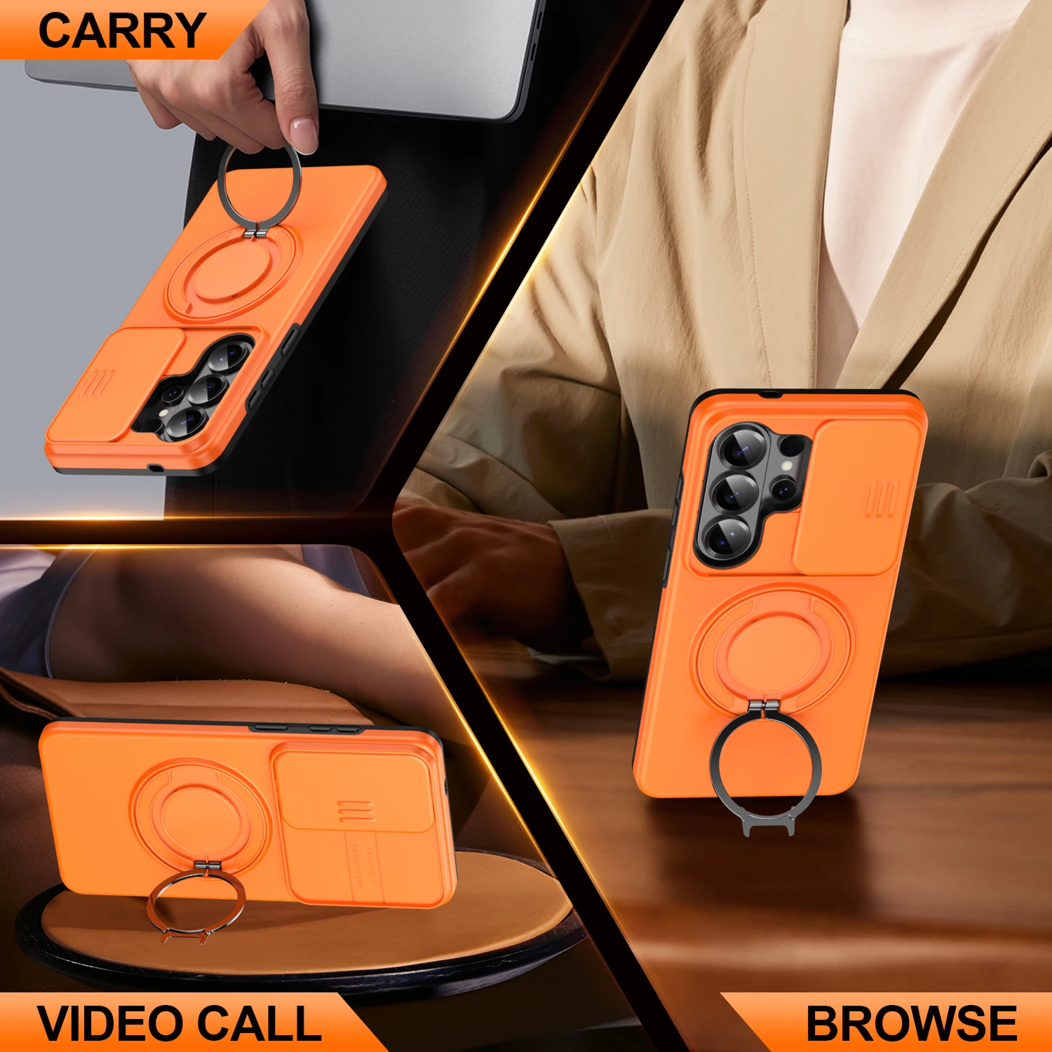 Magnetic Ring Stand Phone Case with Slide Camera Lens Protection and Durable Hybrid Design