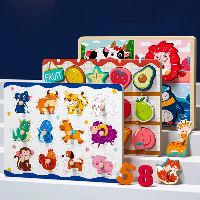 

Baby Toys Montessori wooden Puzzle Hand Grab Board Educational Wooden Toy Cartoon Vehicle Marine Animal Puzzle Child Gift