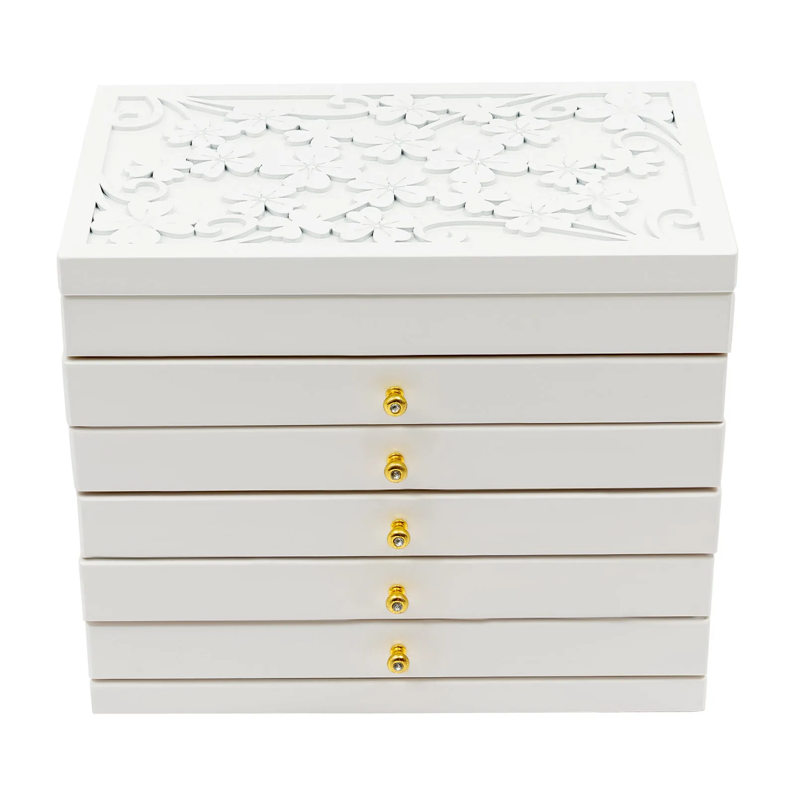 Anspruchsvoller 6-stöckiger Schmuck-Organizer, hergestellt mit Glasplatte und Plüsch-Samt-Innenräumen, moderne Aufbewahrungsbox für weißes Ring-Display – Detail 11