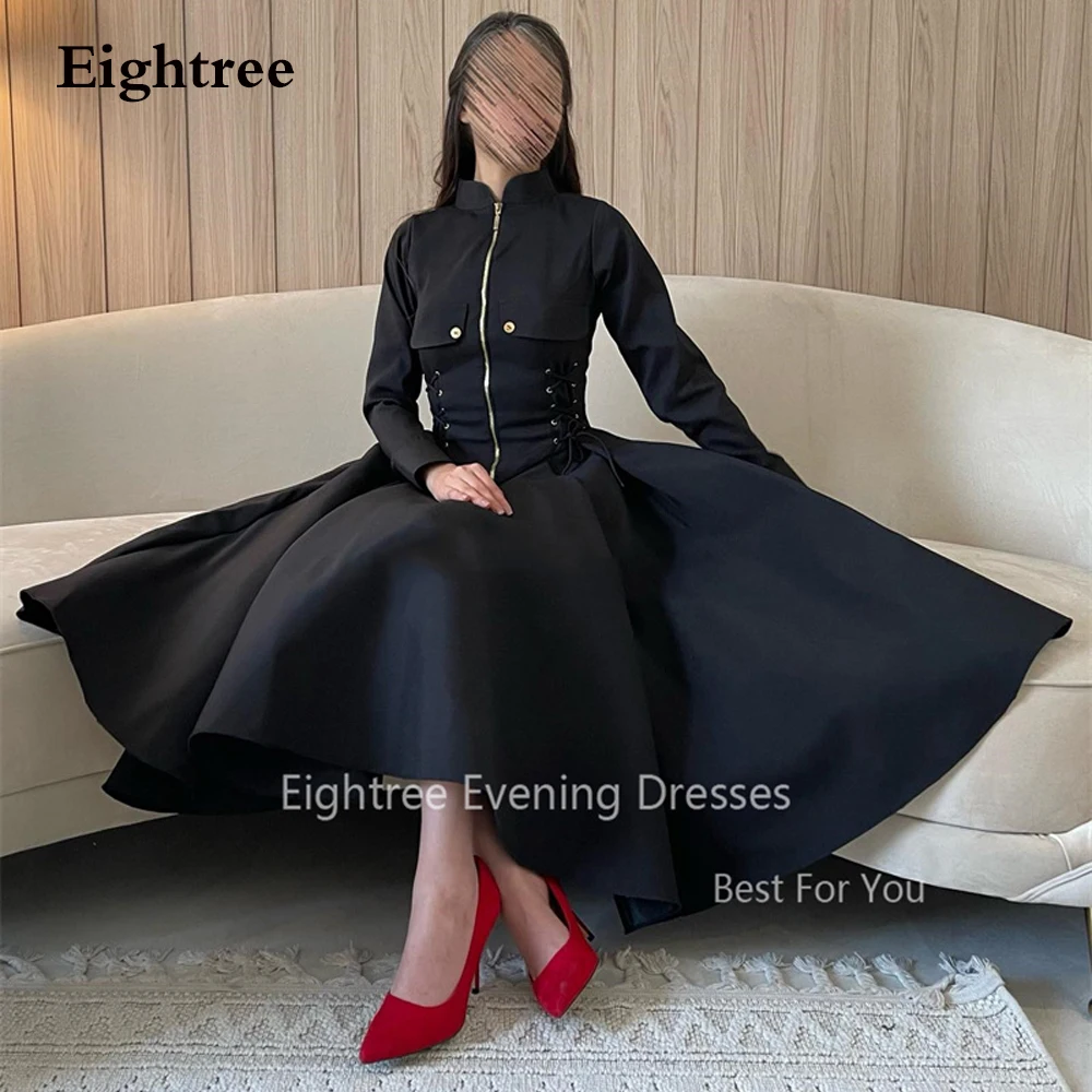 

Eightree Black Long Sleeves Mini Saudi Arabic Evening Party Dresses Outfits Front Zipper A Line Short Dubai Cocktail Prom Dress