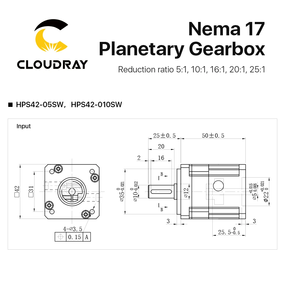 Cloudray Nema17 Planetary Gearbox HPS42 Motor Reducer Square With Ratio 5:1 10:1 16:1 20:1 25:1 5mm Input