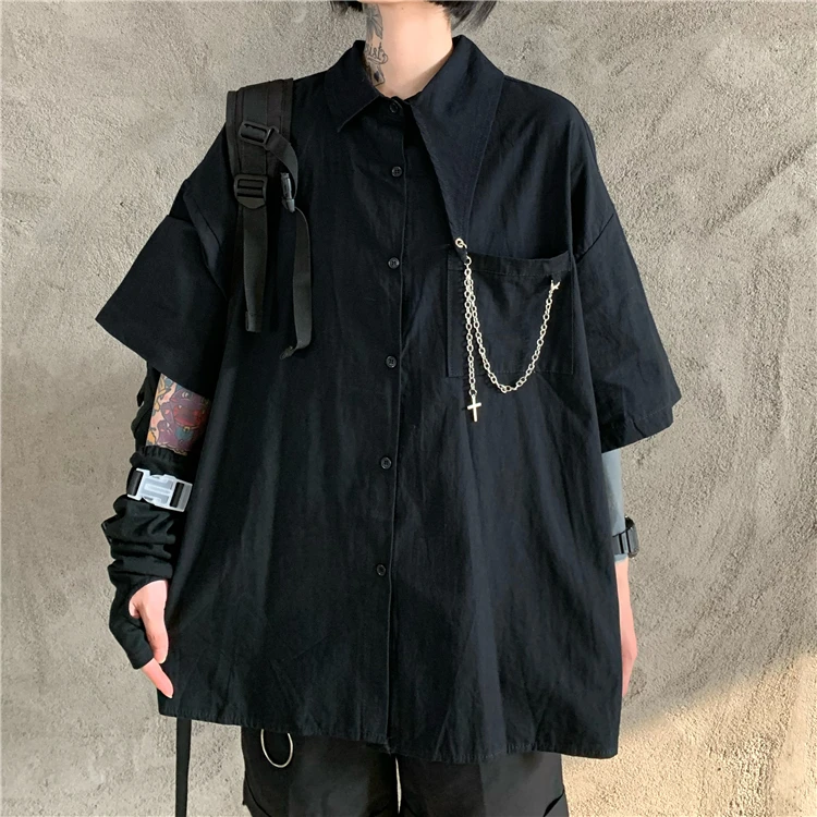 Summer Half Sleeve Men Unisex Blouse With Neck Tie And Metal Chain Tops Shirt BF Wind Solid Gothic Chic Streetwear Cool Handsome harajuku sexy denim shorts with grey tassel flared leg gothic chic denim shorts women streetwear y2k jeans with detachable leg