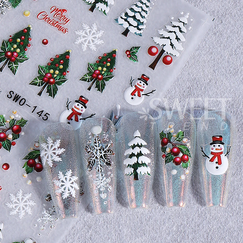 2pcs Embossed Christmas Nail Stickers 3D Cute Snowman Elk Elf Bow Nail Decals Winter Santa Claus Manicure Decoration Supplies