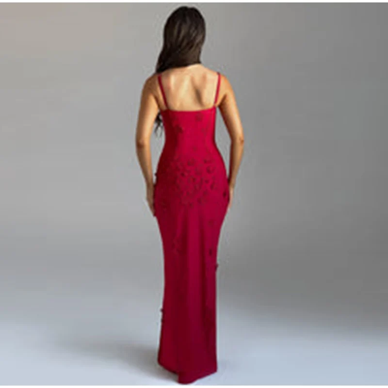 Sexy 3D Flowers Sling Tube Dresses Women Vintage Solid Slim Fit Sleeveless Slit Long Dress Female Spring Chic Evening Vestidos