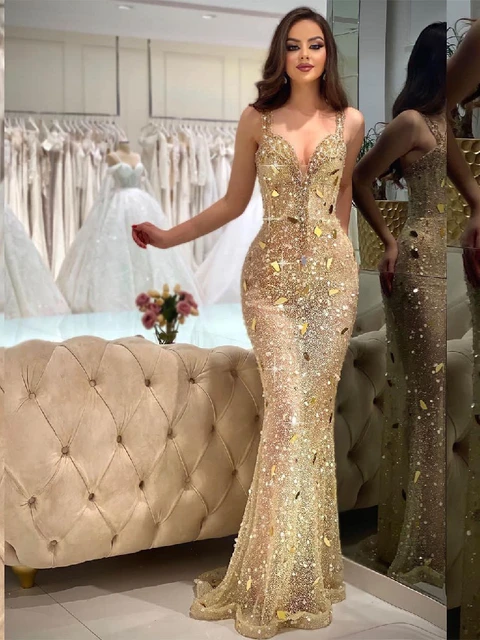 Strapless Trumpet Sequin Gown with Gold Lace