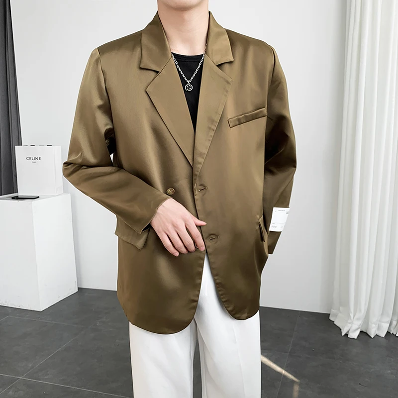 

Luxury Khaki Silk Complete Elegant Man Dress Social Korean Fashion Oversize Smooth Satin Blazers For Mens Black Loose Jackets