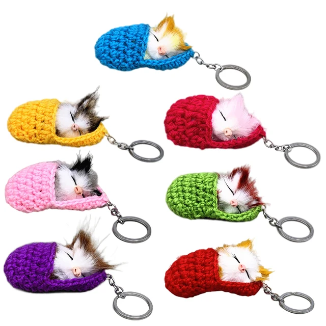 Kawaii Sleeping Cat Keychains Toy Plush Keychain for Women Girls Handmade Faux Rabbit Fur Kitten Key Chains Fluffy Car Key Rings 5
