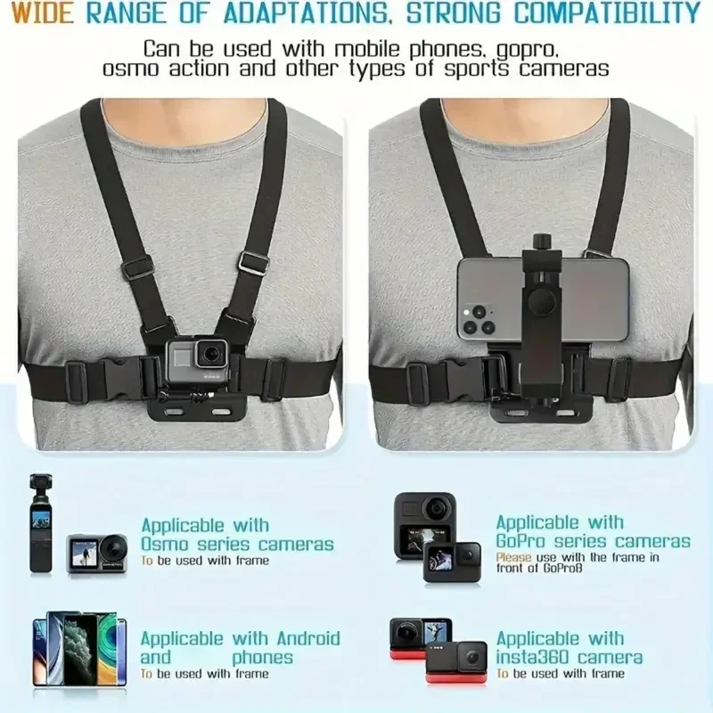Adjustable Phone Clip Holder with Chest Strap for Sport Cameras and Mobile Phones - Black Accessory