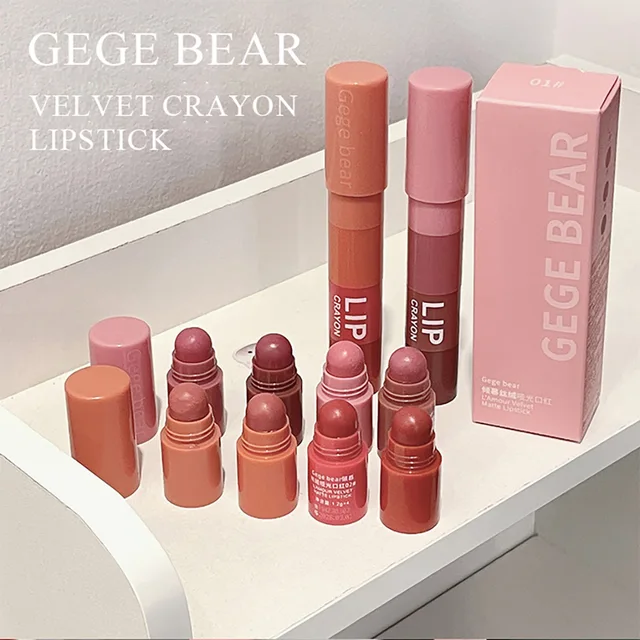 Gege Bear 4 in 1 Velvet Matte Crayon Lipstick Super Stay Makeup Pink Red Long Wear Waterpoof Non-Stick Cup Tiny Lip Stick