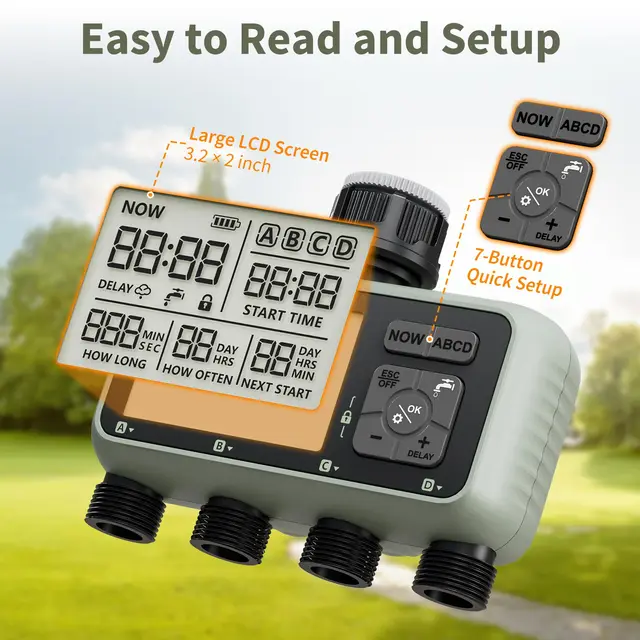 Diivoo Garden Water Timer 4 Zone Programmable Automatic Irrigation Timer with Rain Delay Manual/Auto Mode Watering for Lawn Yard 3