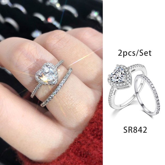 Luxury Diamond Promise Ring Set for Women Bridal Silver Color Big Zircon Proposal Marriage Wedding Cocktail Ring Jewelry