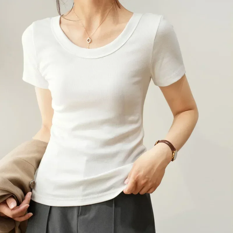 

2024Selection of cotton U-collar t-shirt women short-sleeved new sum thin senior sense T-shirt base shirt GRAY22